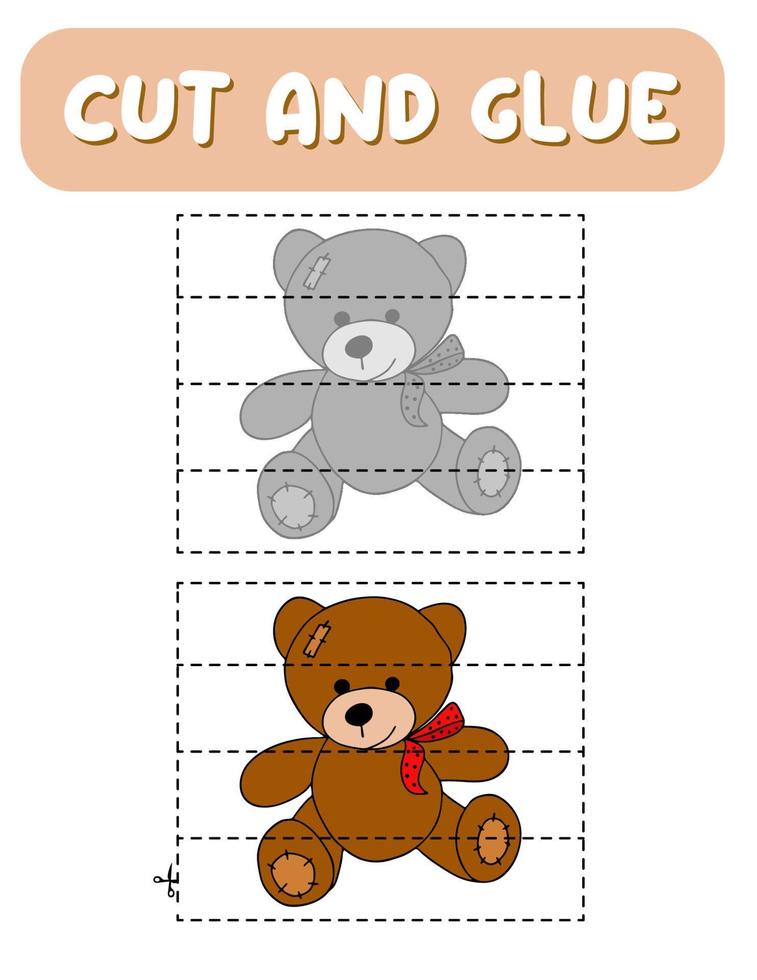 Cut and glue game for kids . Bear puzzles. Children funny entertainment and amusement.Vector illustration. Cutting practice for preschoolers. vector