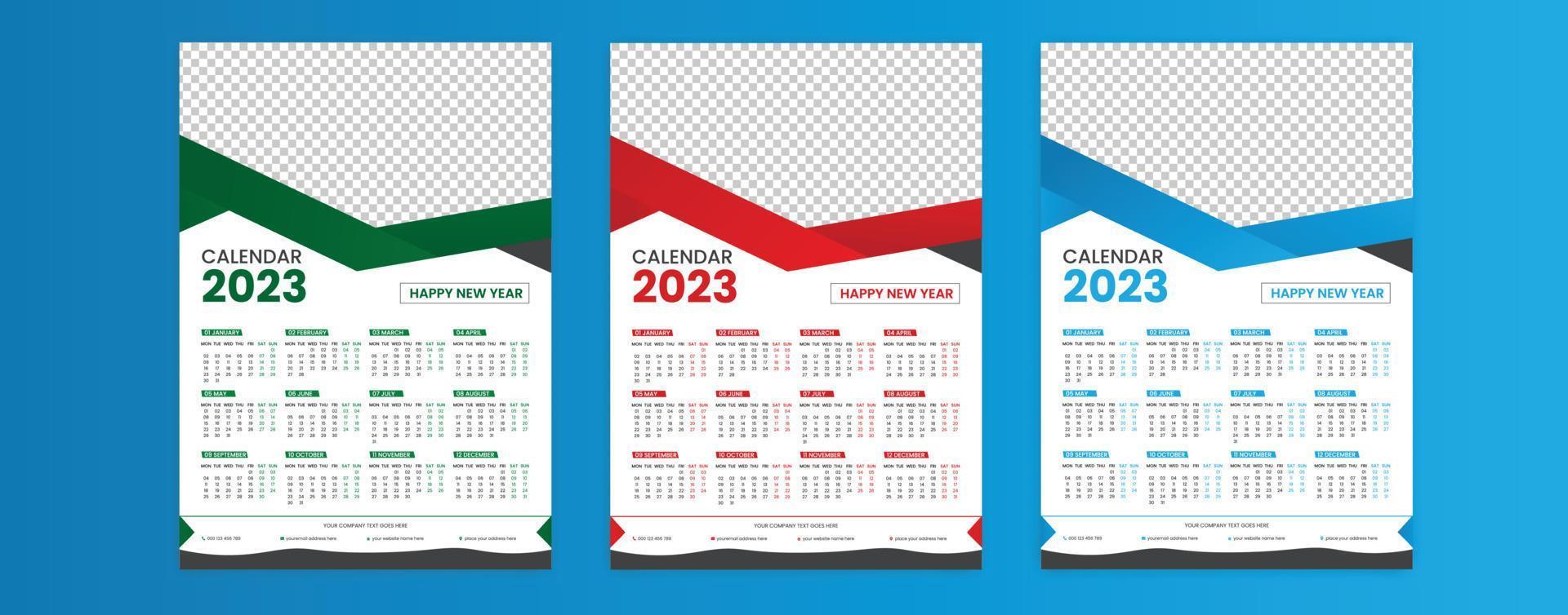 diseño de plantilla de calendario de pared 2023, plantilla de vector de calendario mensual 2023