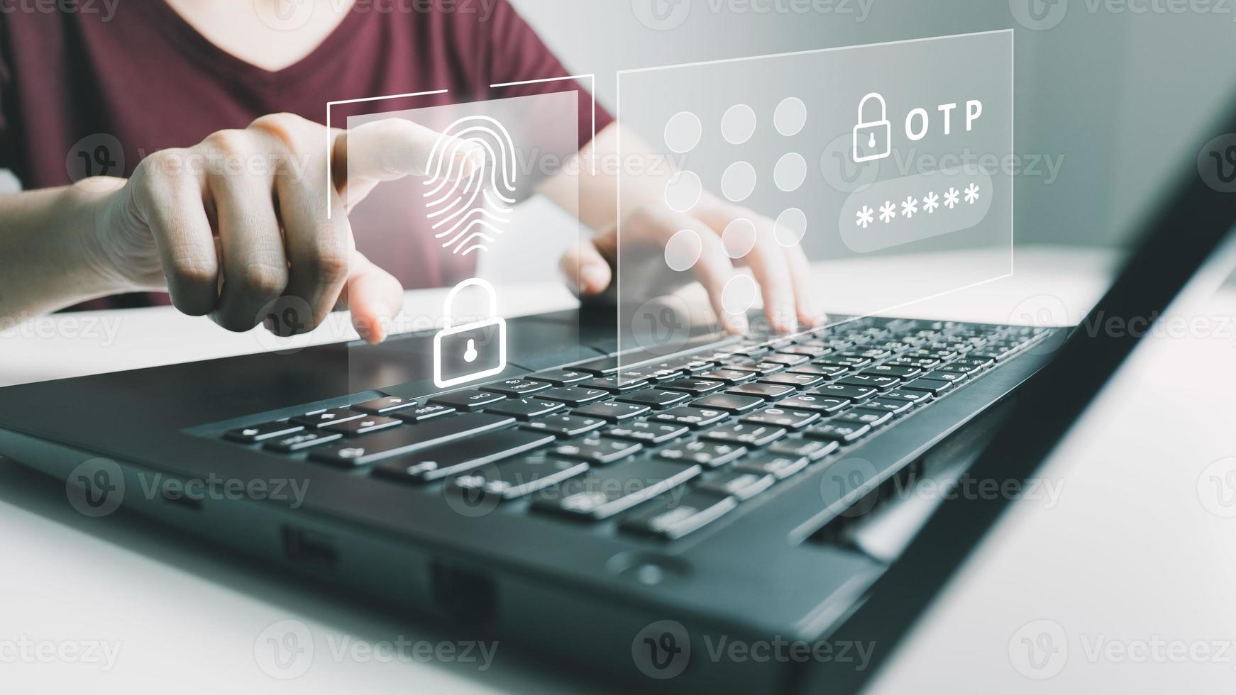 Verification of information with finger print by smart phone, Internet security, online financial transaction, 2-step verification, confirm transaction and identity. photo