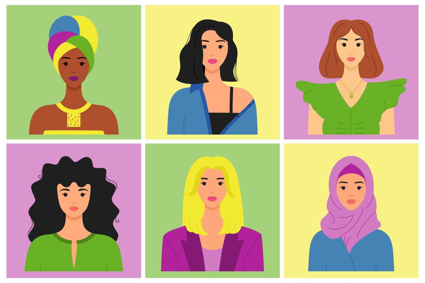 conjunto de retratos de mujeres de diferente color de piel, peinado, tipos de cara. avatares de diversos personajes femeninos de moda. bueno para una red social. logotipo de belleza. ilustración vectorial brillante en estilo plano vector