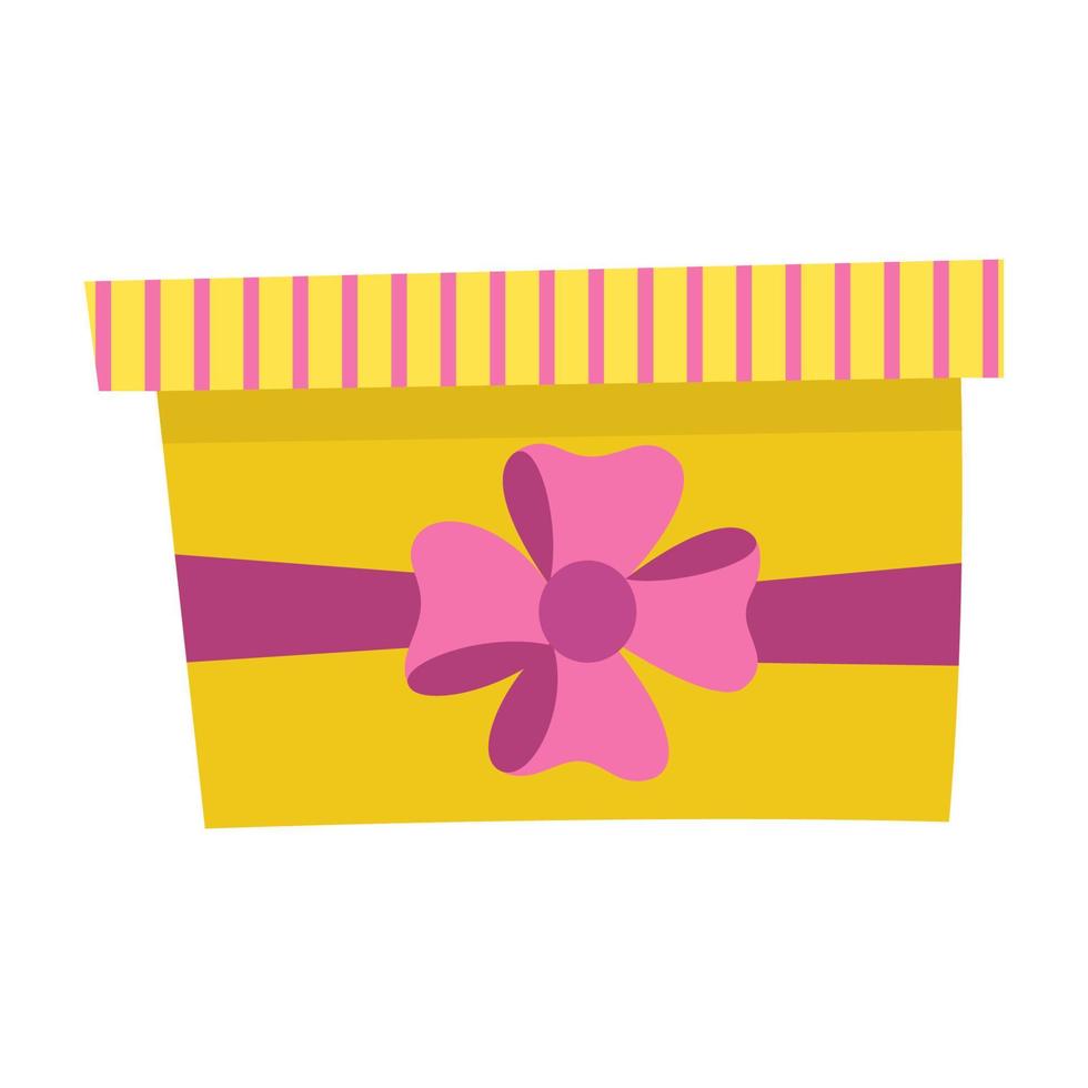 Yellow gift box with pink ribbon and bow on the side. Template for sale banner, logo, surprise poster, flyer, card, cover. Celebrating holidays, giving presents at event. Clip art. Flat design. Vector