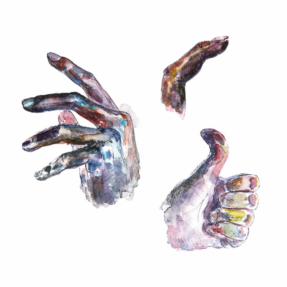 Hand drawn watercolor hands sketches. Watercolor sketches of 2 hands and a finger. vector