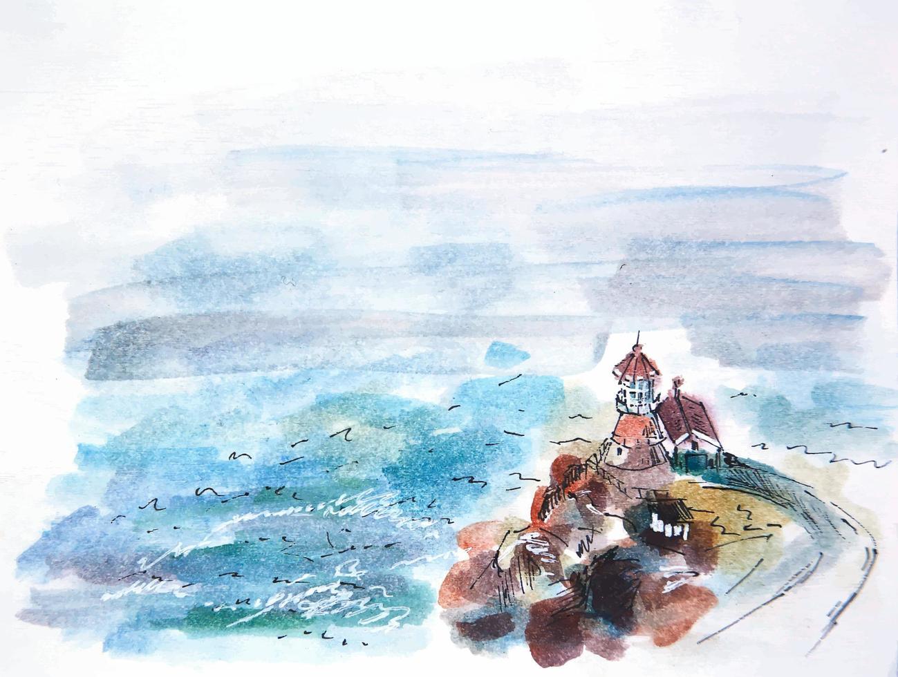 Watercolor sketch of a bay with a lighthouse. Watercolor marine sketch with a lighthouse. vector