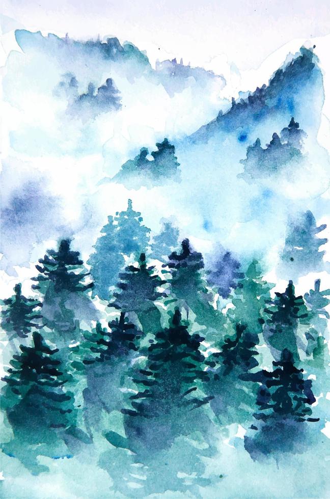 Watercolor painting of mist forest. Mist forest and mountains watercolor sketch. vector