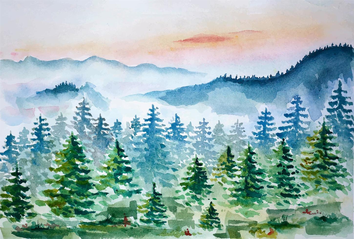 Watercolor forest and mountains landscape. Hand drawn painting of sunset mountains. vector