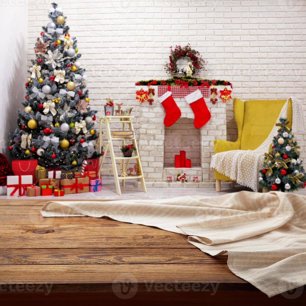 Empty canvas napkin on wooden desk top view. Festive sparkling Christmas interiors background. photo