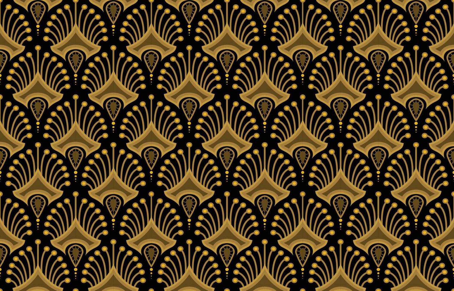 Seamless golden Art Deco pattern. Vintage abstract geometric gold plated high relief sculpture on dark black background. Modern elegant metallic luxury backdrop. vector