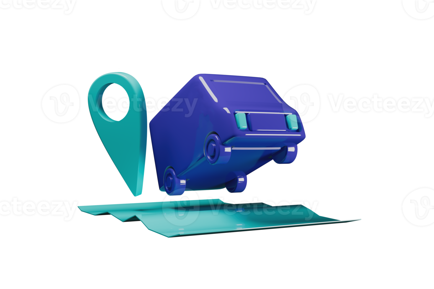 Purple van delivery and map with location 3d render. png