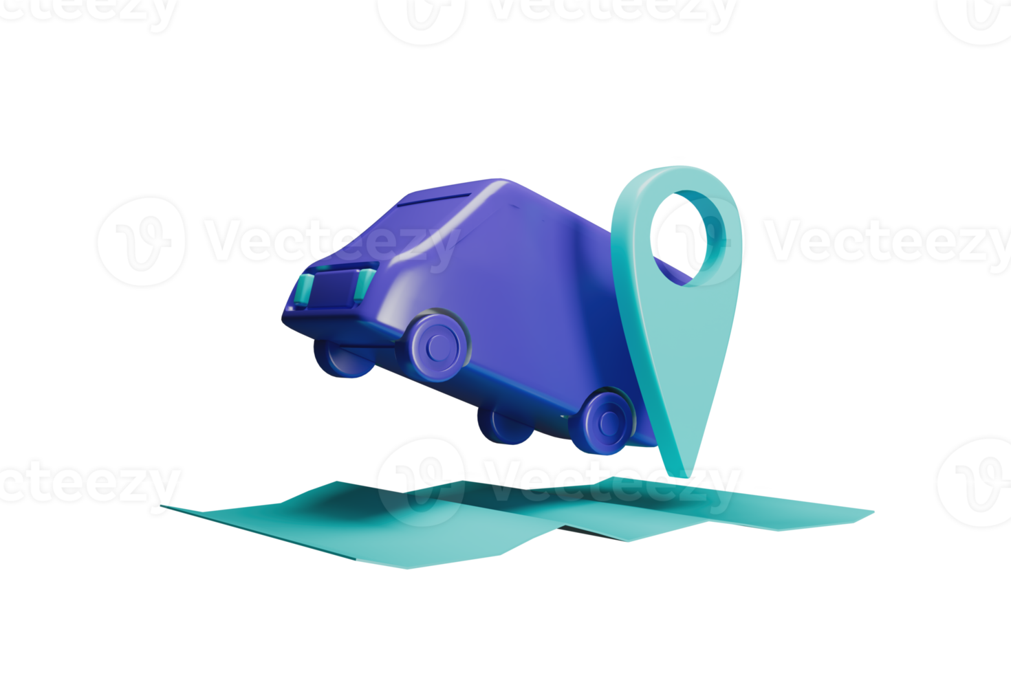 Purple van delivery and map with location 3d render. png