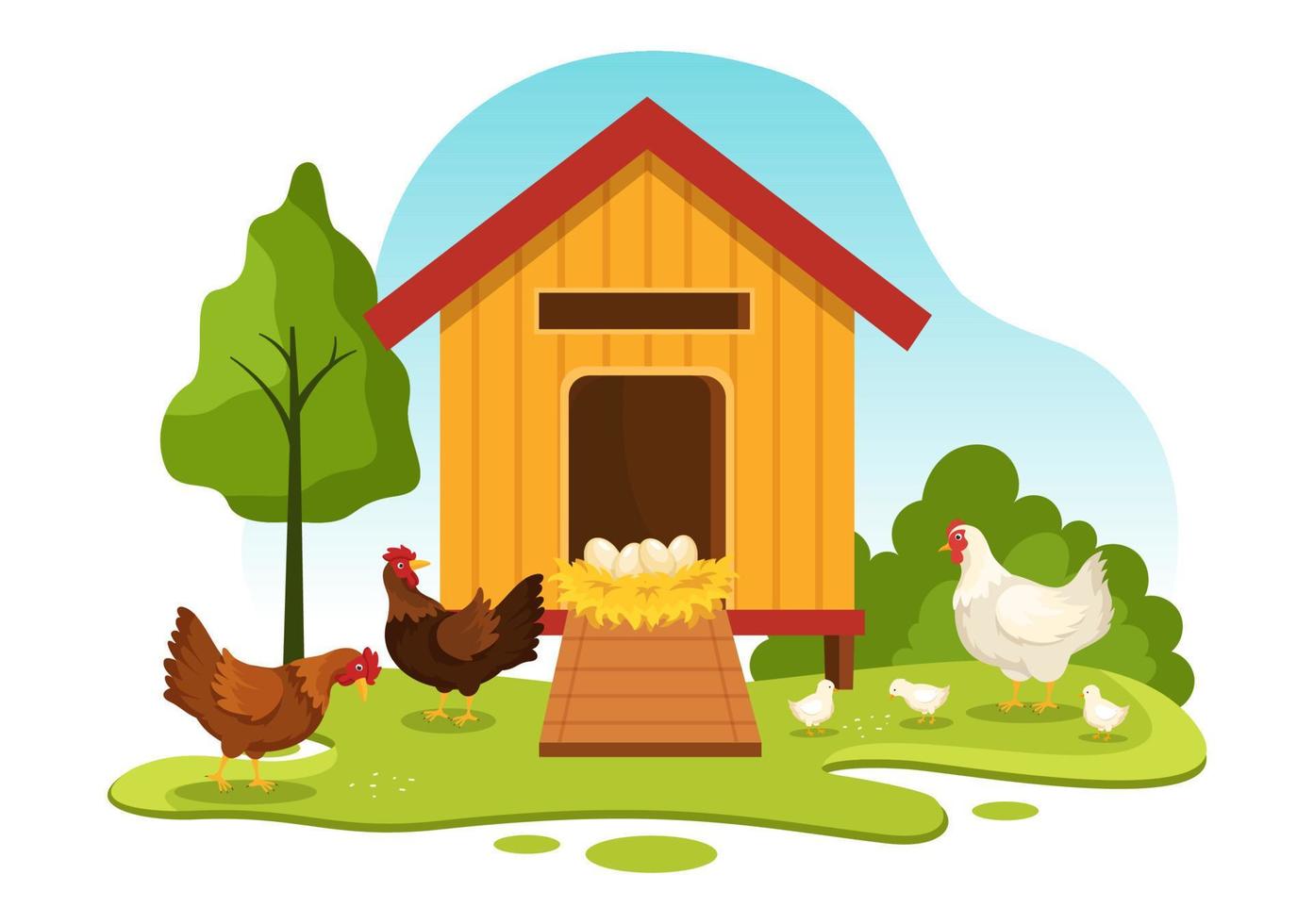 Poultry Farming with Farmer, Cage, Chicken and Egg Farm on Green Field Background View in Hand Drawn Cute Cartoon Template Illustration vector