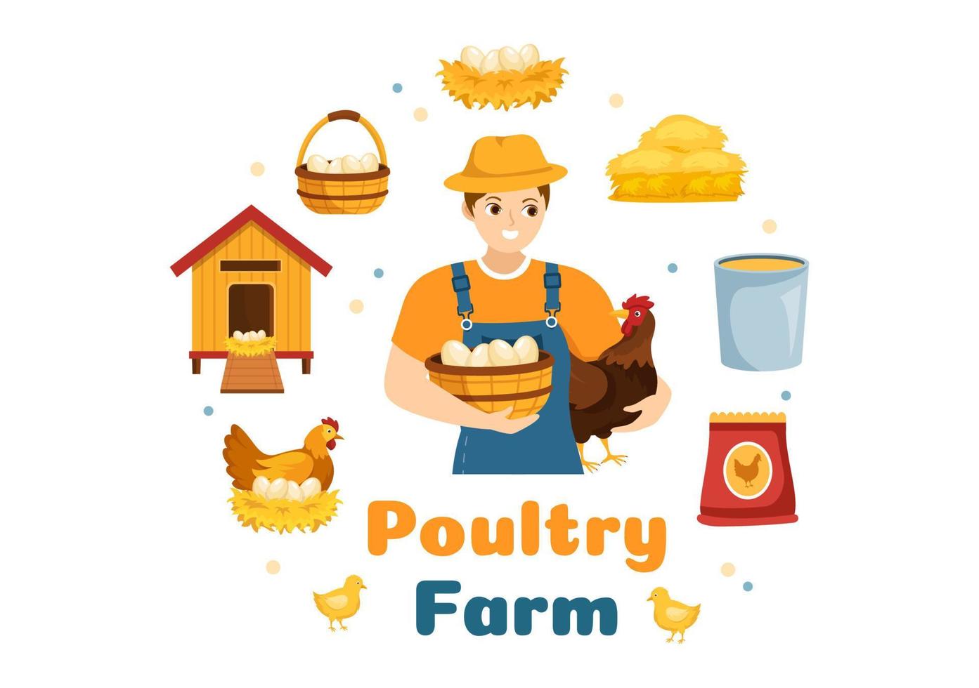 Poultry Farming with Farmer, Cage, Chicken and Egg Farm on Green Field Background View in Hand Drawn Cute Cartoon Template Illustration vector