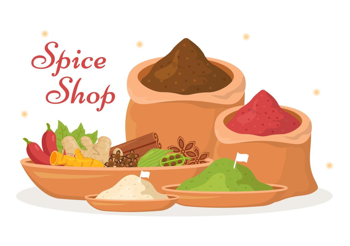 Spice Shop with Different Hot Spices, Condiment, Exotic Fresh Seasoning and Traditional Herbs in Flat Cartoon Hand Drawn Templates Illustration vector