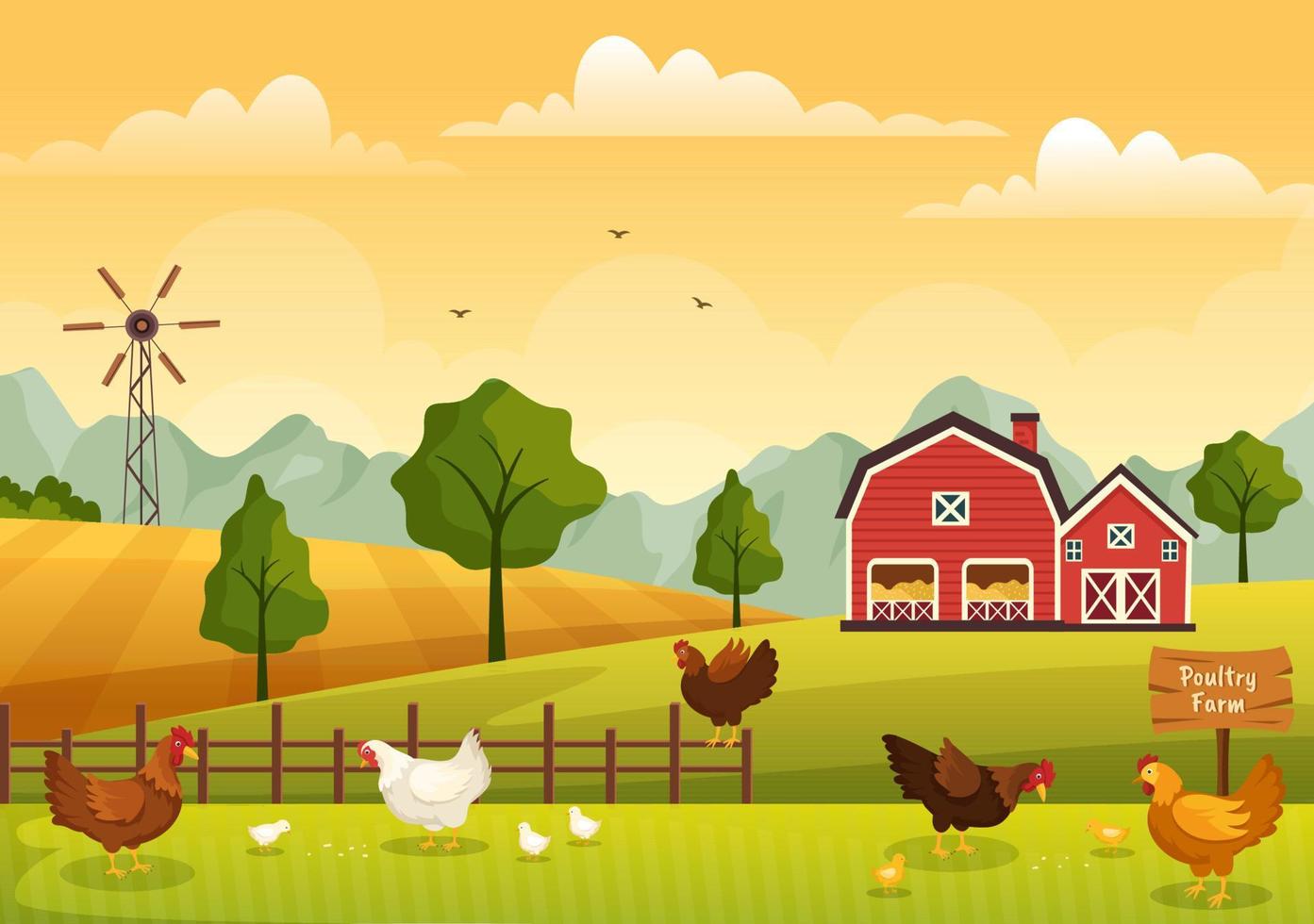 avicultura con granjero, jaula, pollo y granja de huevos en la vista de fondo de campo verde en la ilustración de plantilla de dibujos animados lindo dibujado a mano vector