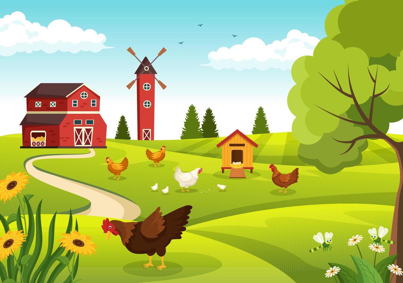 avicultura con granjero, jaula, pollo y granja de huevos en la vista de fondo de campo verde en la ilustración de plantilla de dibujos animados lindo dibujado a mano vector