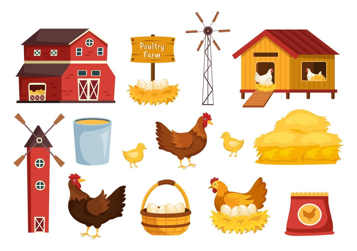 Poultry Farming with Farmer, Cage, Chicken and Egg Farm on Green Field Background View in Hand Drawn Cute Cartoon Template Illustration vector