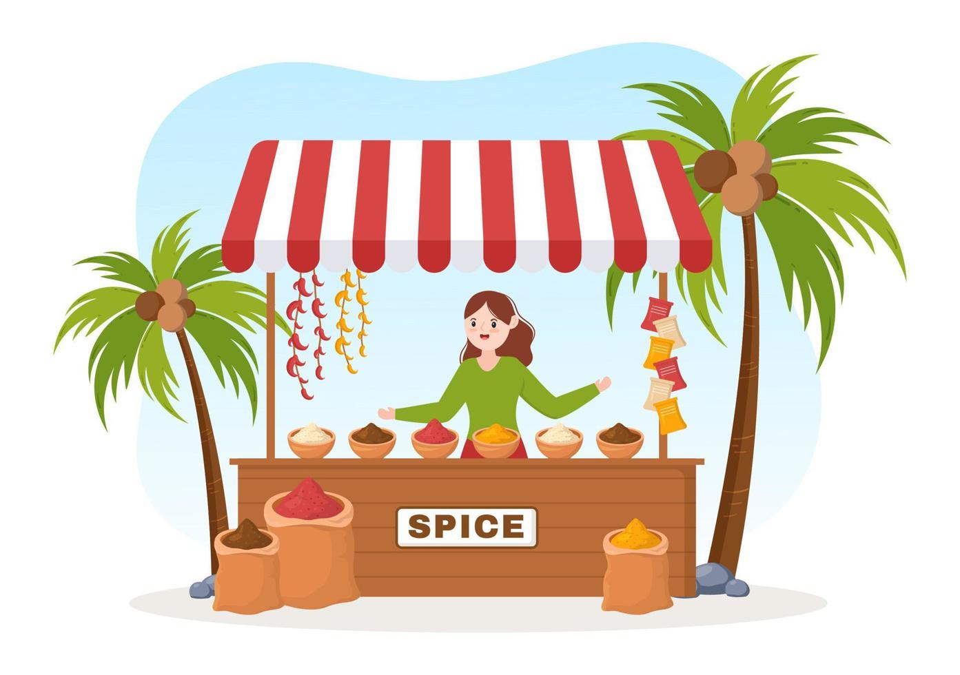 Spice Shop with Different Hot Spices, Condiment, Exotic Fresh Seasoning and Traditional Herbs in Flat Cartoon Hand Drawn Templates Illustration vector