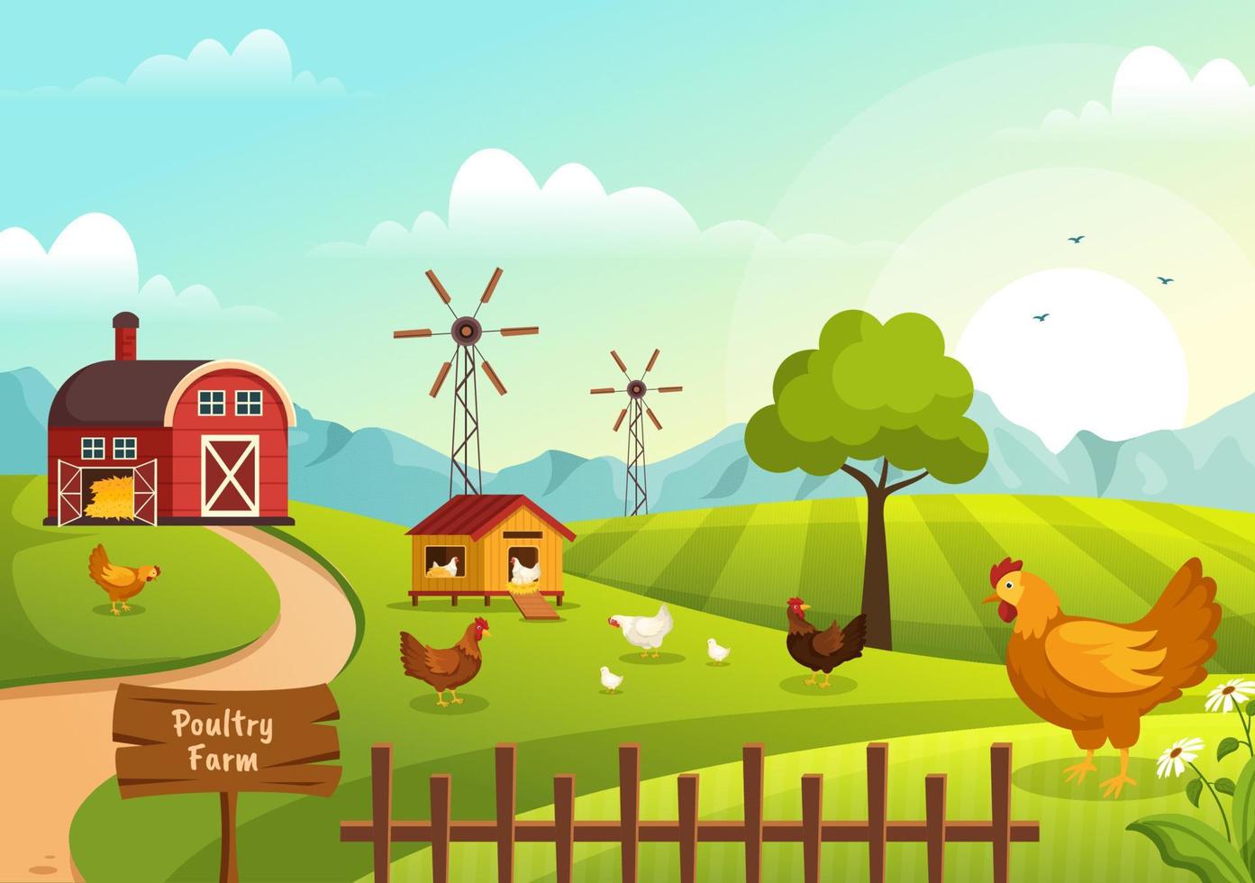 avicultura con granjero, jaula, pollo y granja de huevos en la vista de fondo de campo verde en la ilustración de plantilla de dibujos animados lindo dibujado a mano vector