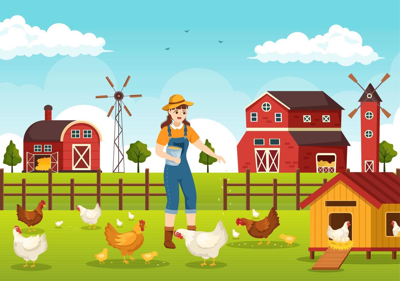 avicultura con granjero, jaula, pollo y granja de huevos en la vista de fondo de campo verde en la ilustración de plantilla de dibujos animados lindo dibujado a mano vector