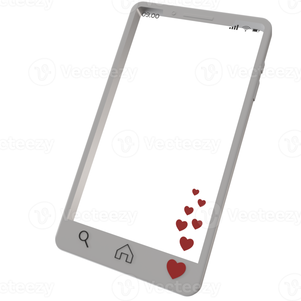 3d white smartphone frame with love icon, live streaming concept using mobile phone and giving likes png