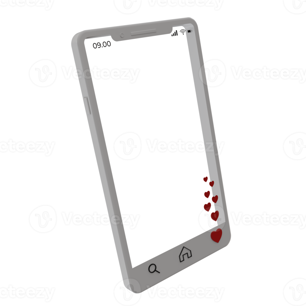 3d white smartphone frame with love icon, live streaming concept using mobile phone and giving likes png