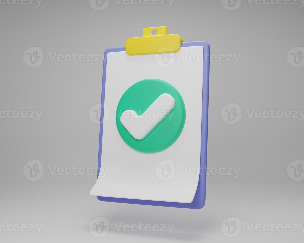 Ilustración de representación 3d icono de marca de verificación mínima de dibujos animados en la lista de verificación del portapapeles verificación de gestión de papel de nota. concepto de aprobación. documento. plan de trabajo para el éxito. marcado de documentos de tiempo comercial foto