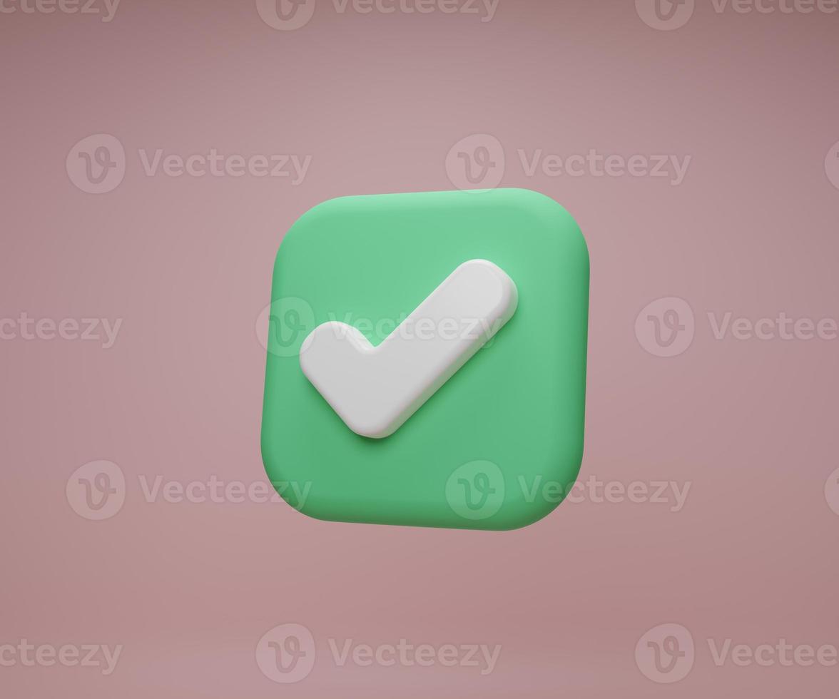 ilustración de representación 3d icono de marca de verificación cuadrado verde mínimo de dibujos animados, símbolo similar o correcto, icono de aplicación móvil de marca de verificación. me gusta, corregir, éxito, aprobar, botón aceptar foto