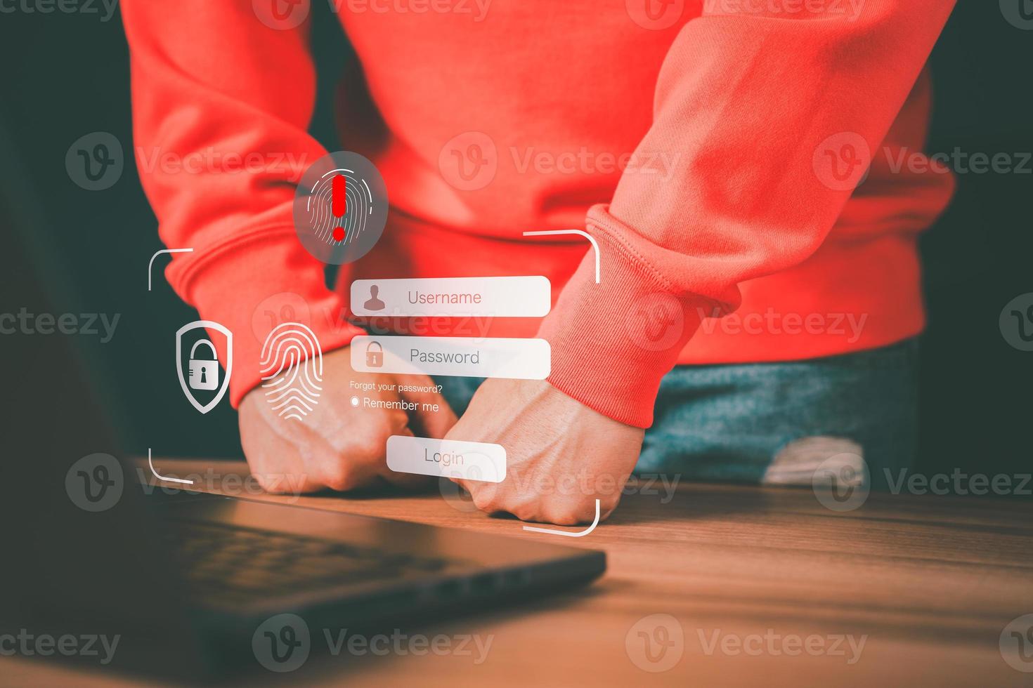 Man typing login and password, cyber security concept, Secure encryption and access to the user's private information to access the Internet. exclamation mark. photo