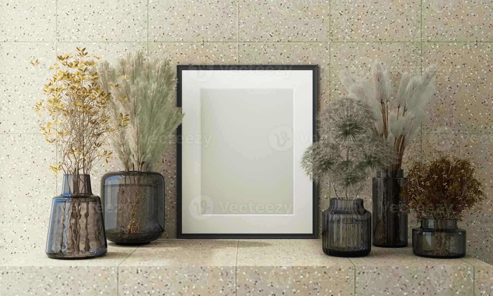 Mockup poster frame close up on wooden wall with white brown flowers and surrounding by decoration mock up. 3D render photo