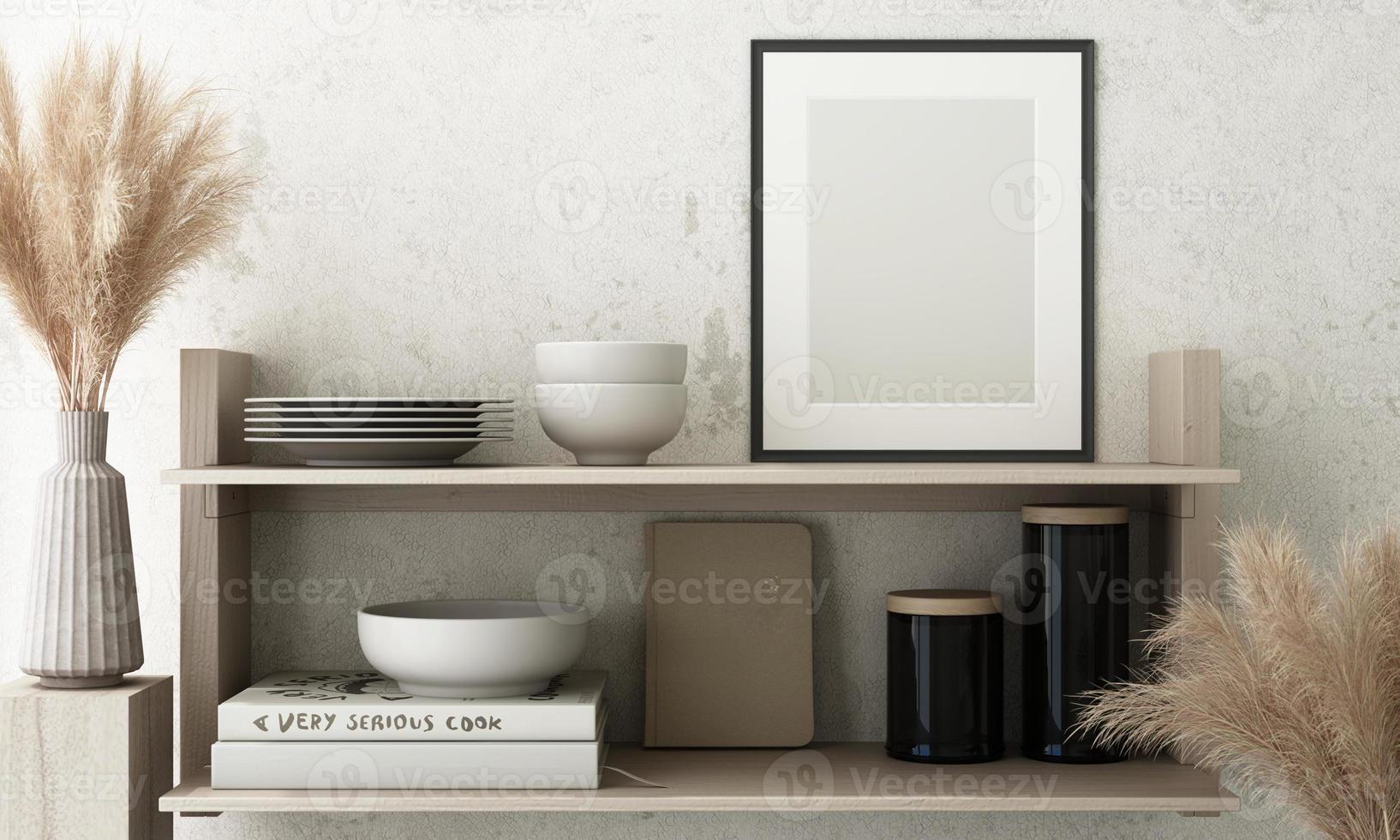 Mockup poster frame close up on wooden wall with white brown flowers and surrounding by decoration mock up. 3D render photo