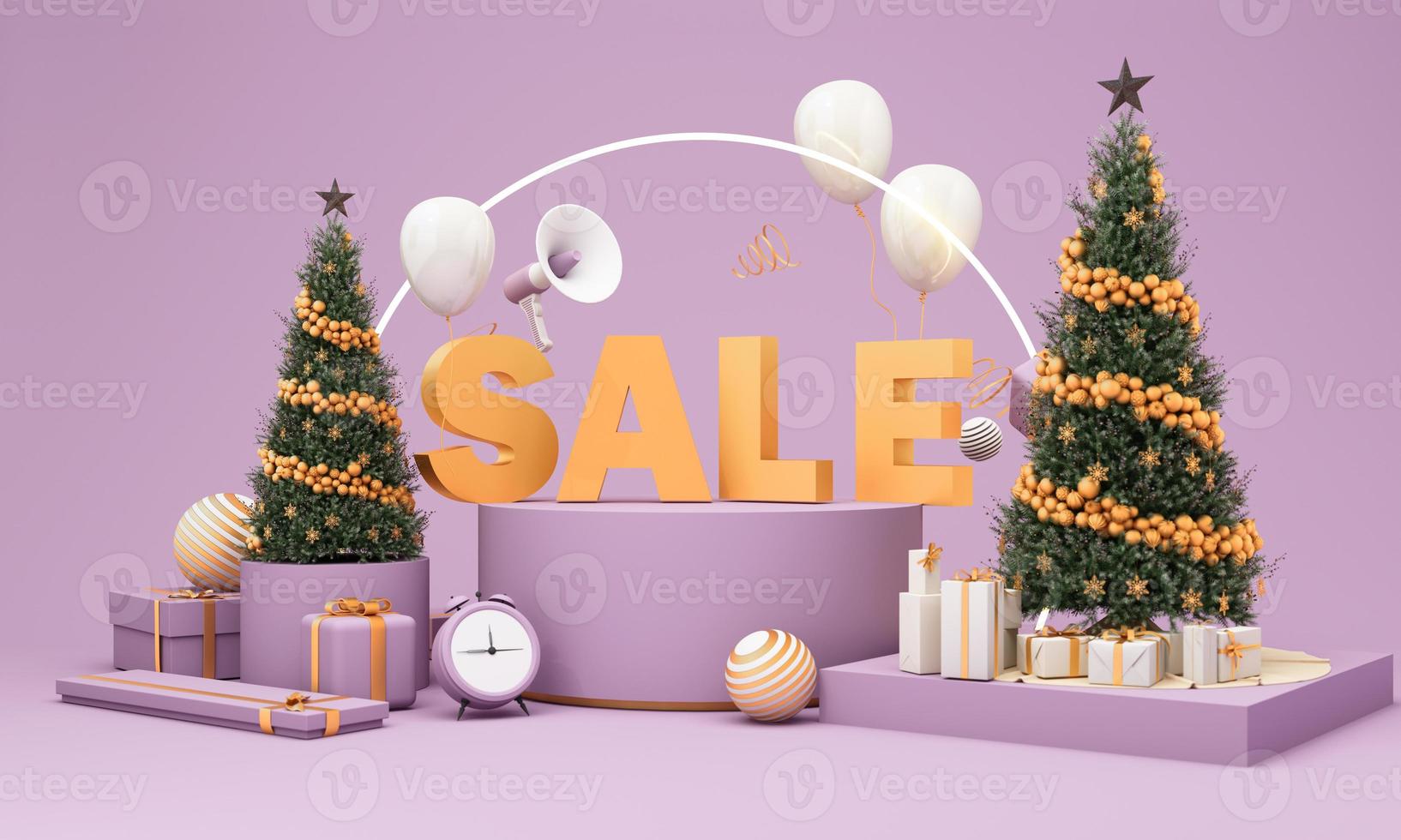 banner de cartel de promoción de venta de feliz navidad con exhibición de productos y decoración festiva y caja de regalo árbol de navidad sobre fondo púrpura. representación 3d foto