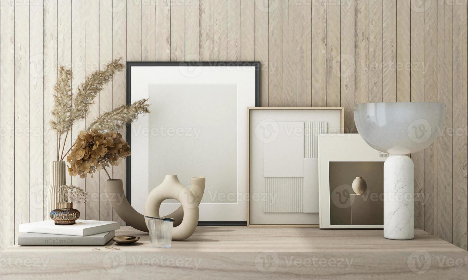 Mockup poster frame close up on wooden wall with white brown flowers and surrounding by decoration mock up. 3D render photo