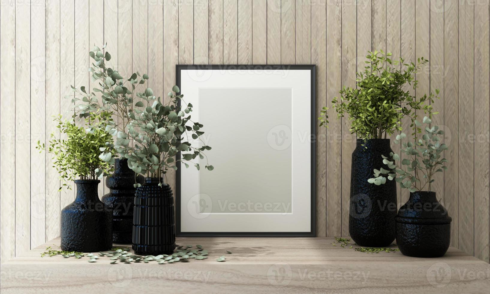 Mockup poster frame close up on wooden wall with white brown flowers and surrounding by decoration mock up. 3D render photo