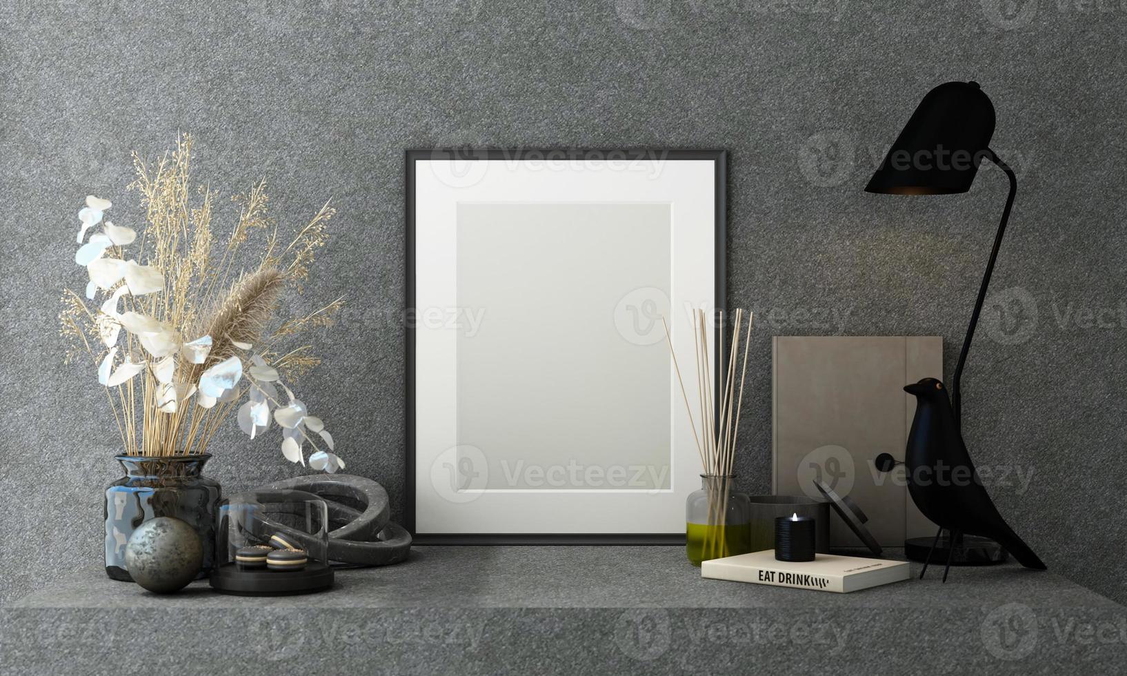 Mockup poster frame close up on wooden wall with white brown flowers and surrounding by decoration mock up. 3D render photo