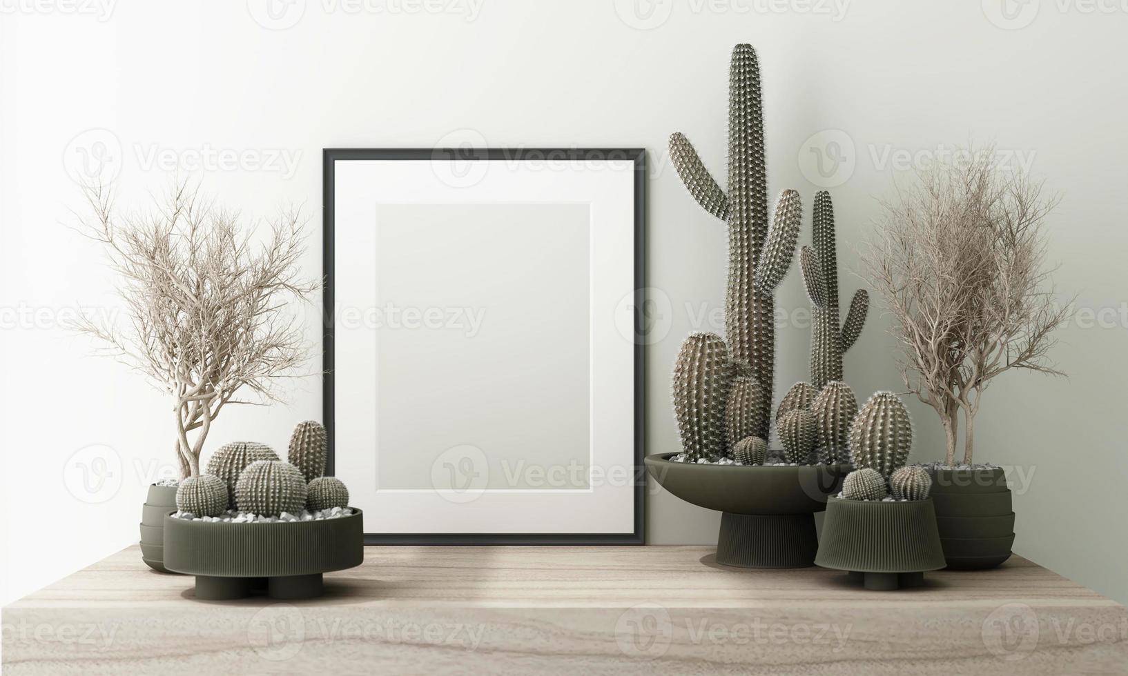 Mockup poster frame close up on wooden wall with white brown flowers and surrounding by decoration mock up. 3D render photo