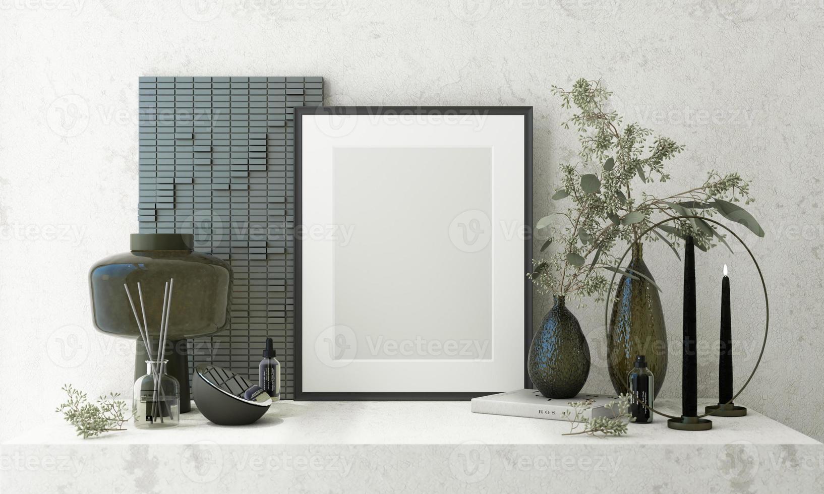 Mockup poster frame close up on wooden wall with white brown flowers and surrounding by decoration mock up. 3D render photo