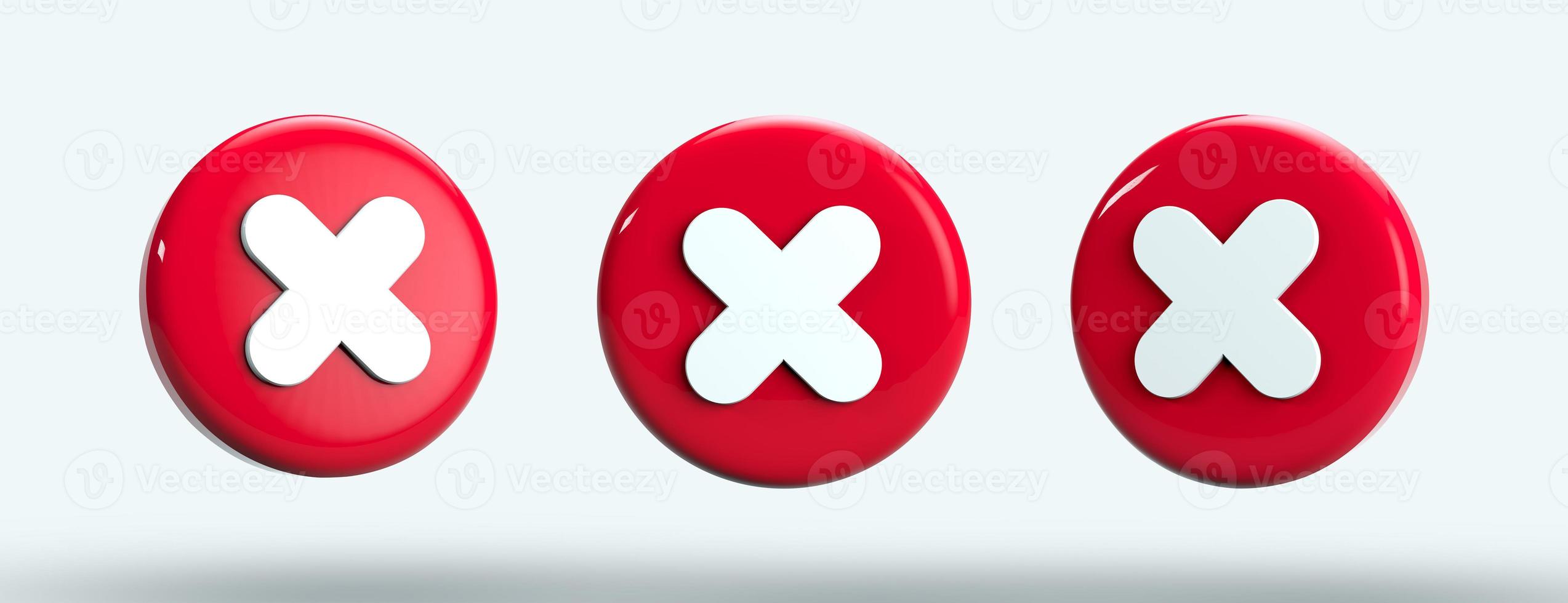 Cross icon on round buttons, red stop sign or mark different angle. 3d rendering photo