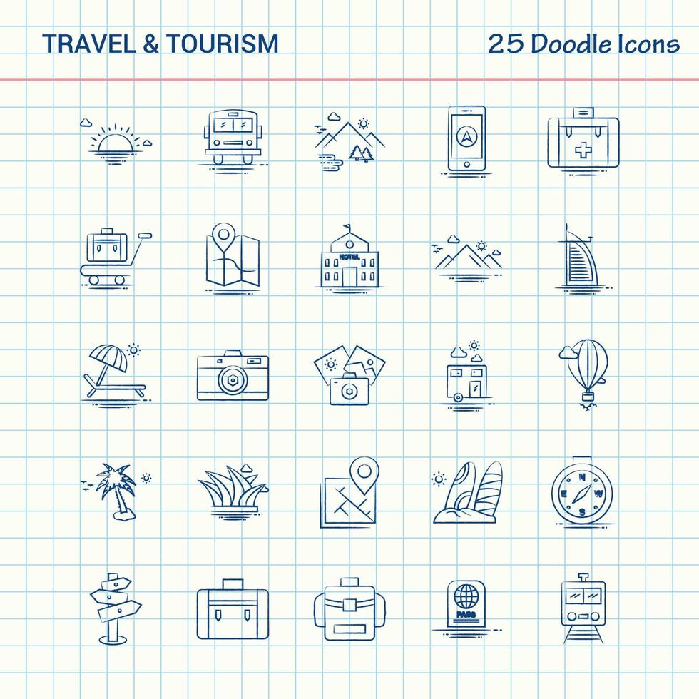 Travel and Tourism 25 Doodle Icons Hand Drawn Business Icon set vector