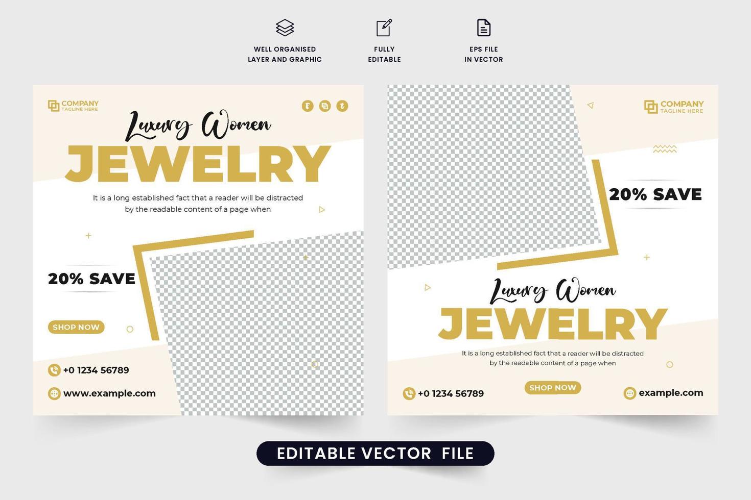 Modern jewelry business social media post vector with abstract shapes. Ornaments promotional web banner design with geometric shapes. Special jewelry sale poster vector with photo placeholders.