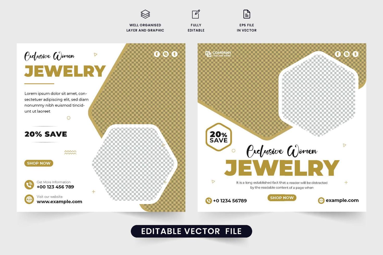 Women jewelry store promotion template vector with golden and dark colors. Modern jewelry business social media post design for marketing. Diamond ornament advertisement poster vector.