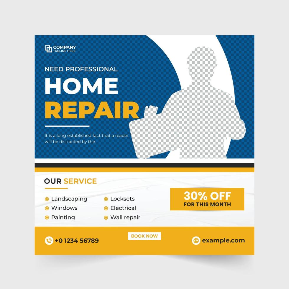 Professional home repair and renovation service template design with yellow and orange colors. House construction business advertising web banner vector. Handyman and home repair service template. vector