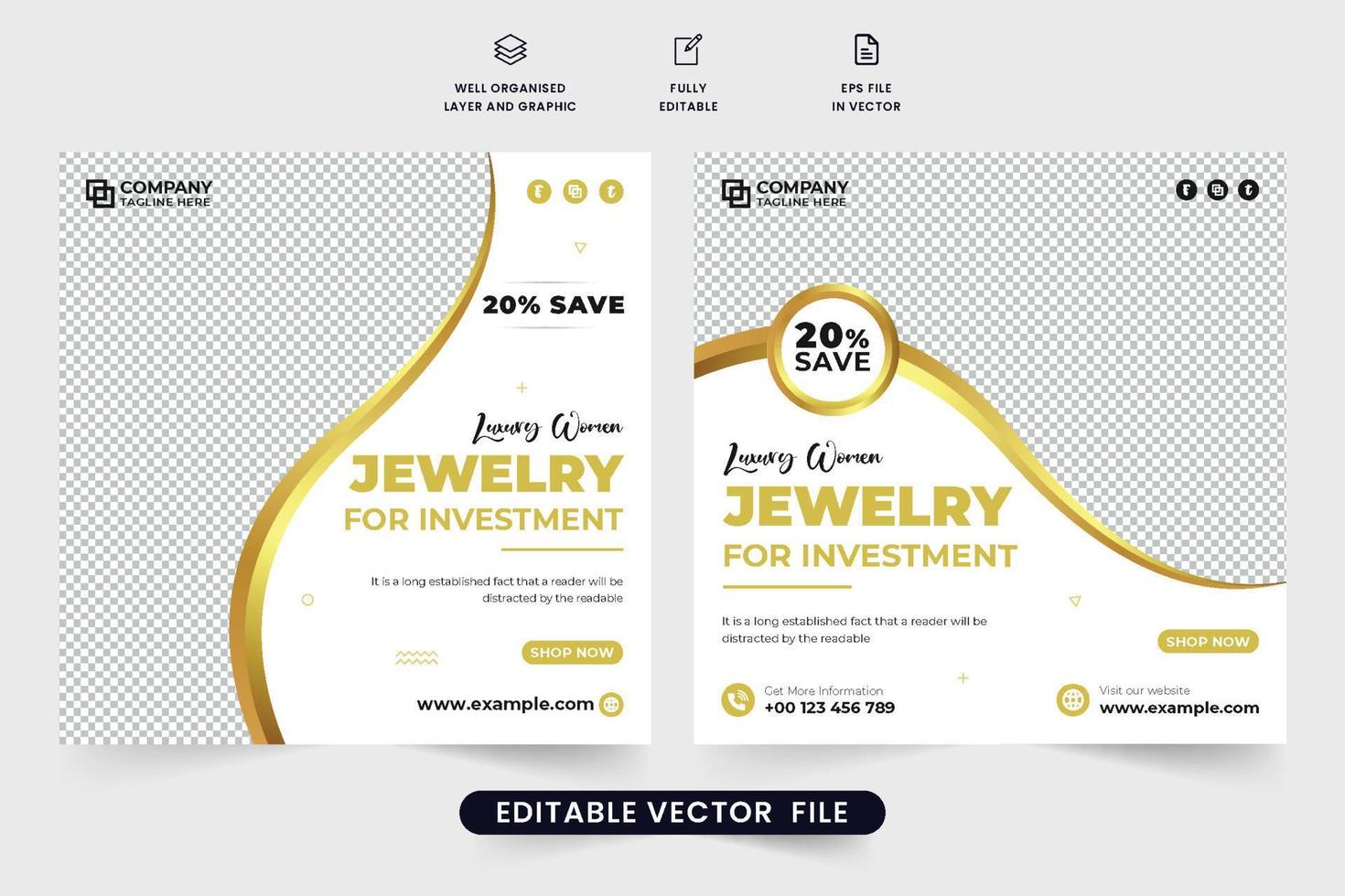 Luxury Jewelry promotional web banner vector with photo placeholders. Special jewelry sale advertisement poster design with dark and golden colors. Jewelry social media post vector for marketing.