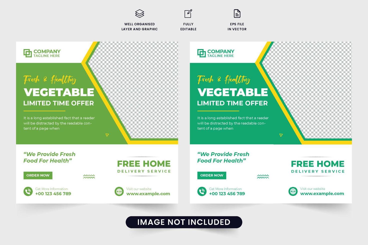 Creative vegetable business promotion poster template with green and yellow colors. Vegetarian restaurant advertisement poster design for social media marketing. Organic food social media post vector. vector