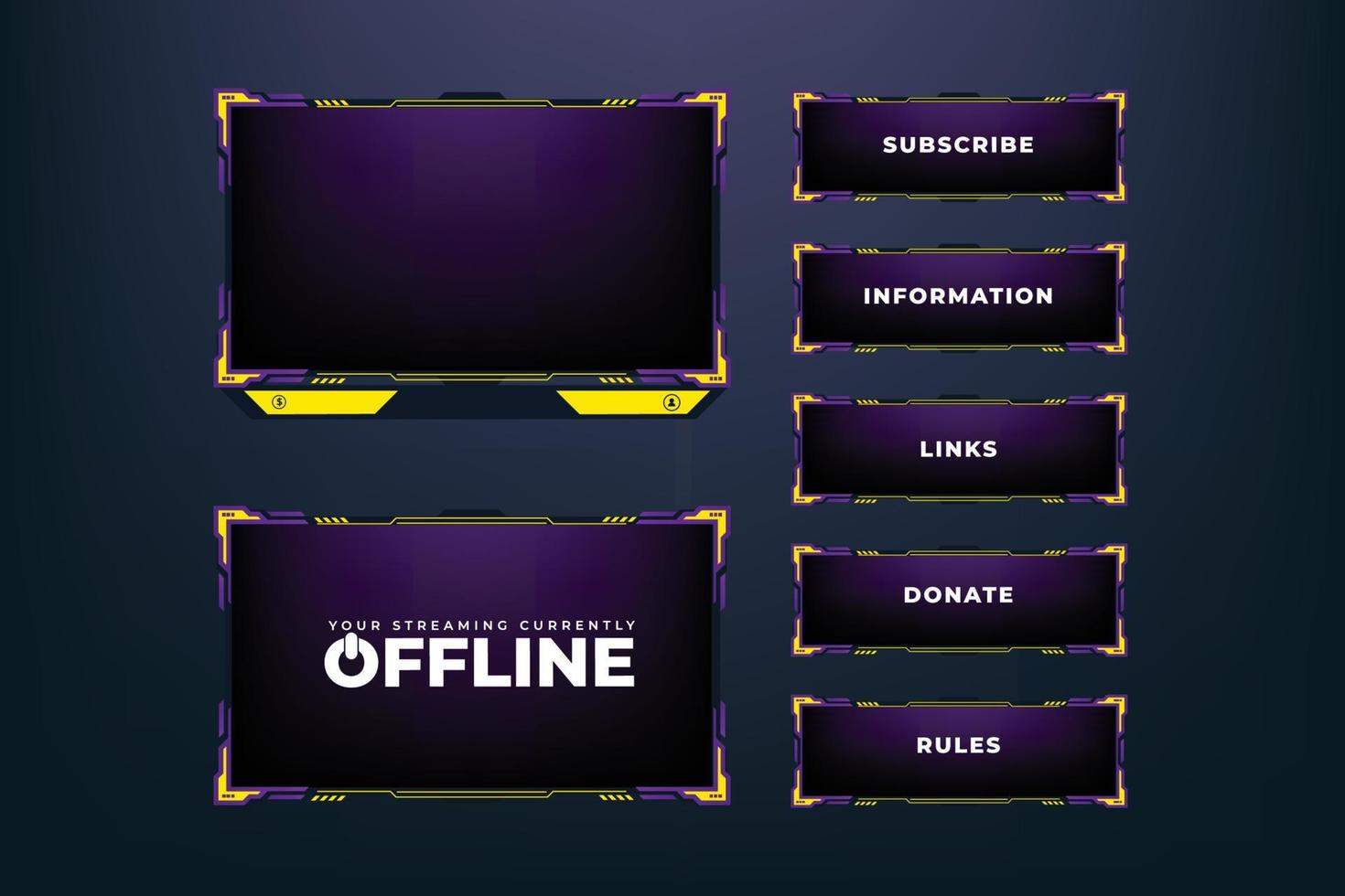 Special gaming overlay design with yellow and purple colors. Modern streaming frame design with abstract shapes. Futuristic gaming frame decoration on a dark background with subscribe buttons. vector