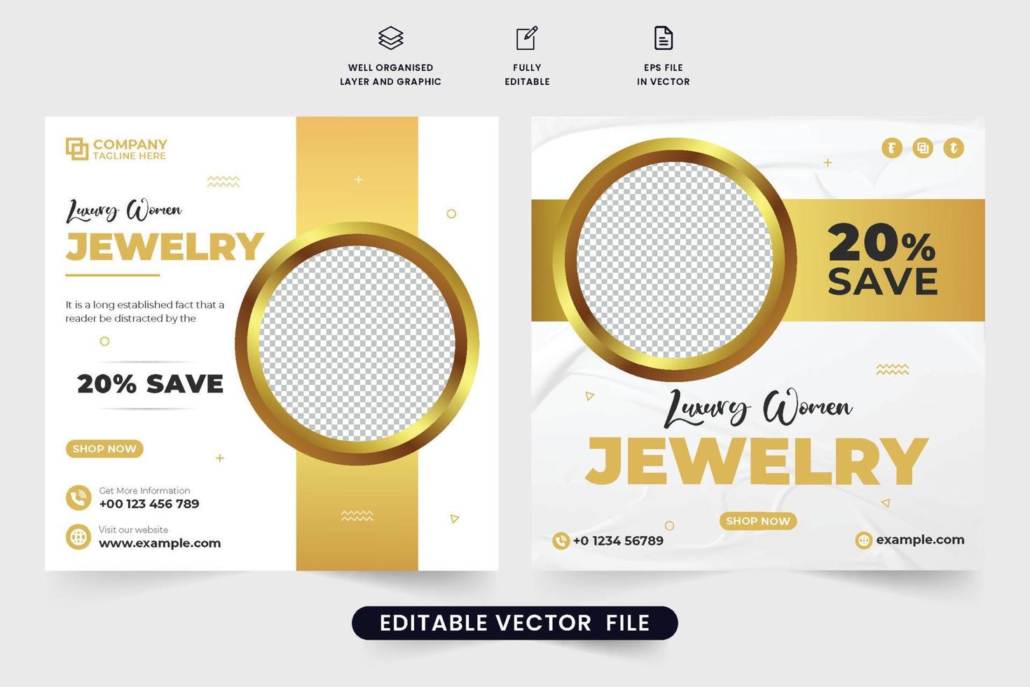 Jewelry business advertisement template vector for social media marketing. Special jewelry store promotion poster design with golden and dark colors. Women ornaments social media post design.
