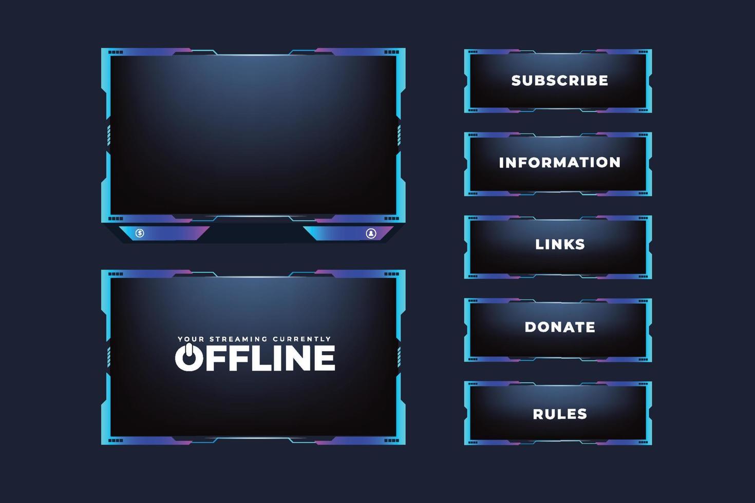 Live online gaming overlay and streaming icon design with buttons. Futuristic live streaming button vector with digital abstract shapes. Broadcast screen overlay design with blue and purple colors.