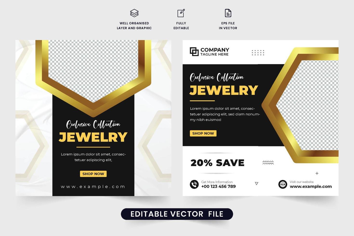 Fashion accessories and gold jewelry sale template for social media promotion. Ornament business social media post design with dark and golden colors. Special jewelry advertisement poster vector. vector