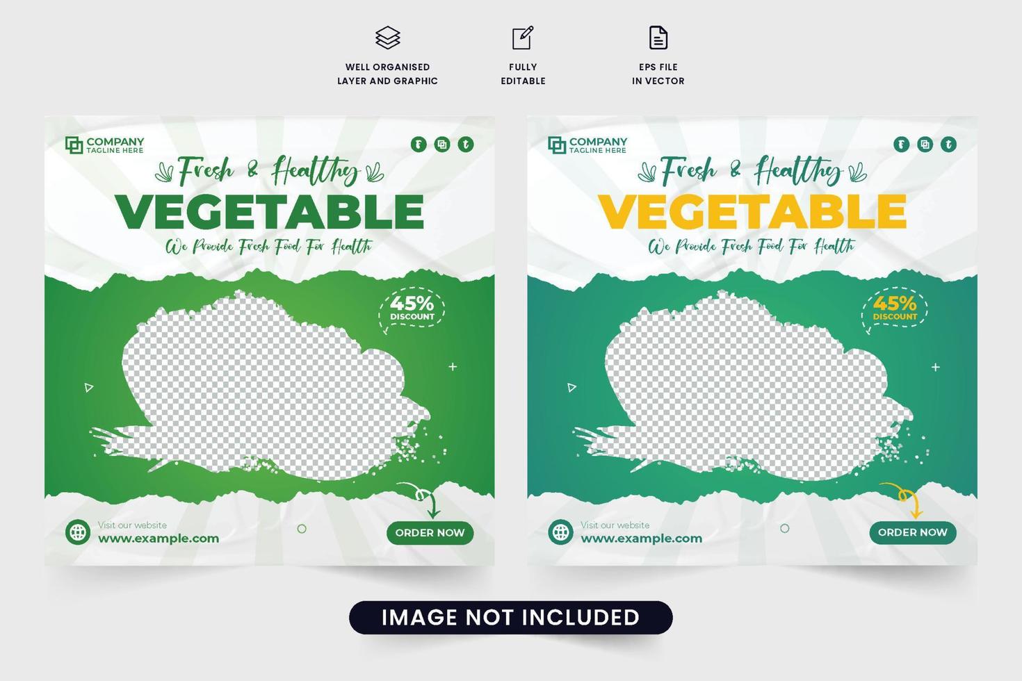 diseño de plantillas de venta de alimentos y verduras orgánicas con formas abstractas. vector de publicación de redes sociales de venta de vegetales especiales para promoción. diseño de banner web de publicidad de vegetales frescos para marketing.