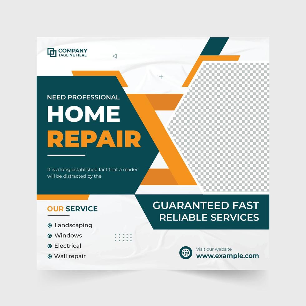 Creative home repair social media post vector with abstract shapes. Home renovation and repair business template for online marketing. House construction real estate business advertising web banner.