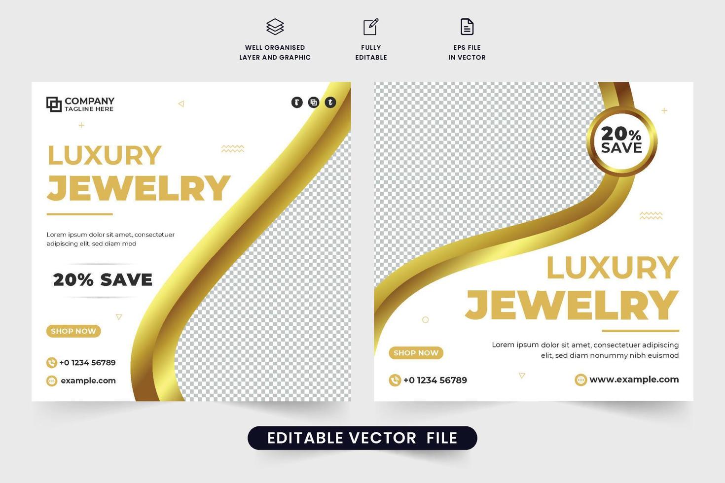 Jewelry social media post vector with golden and dark colors. Ornaments business promotional web banner design for social media marketing. Jewelry store discount poster design for online shopping.