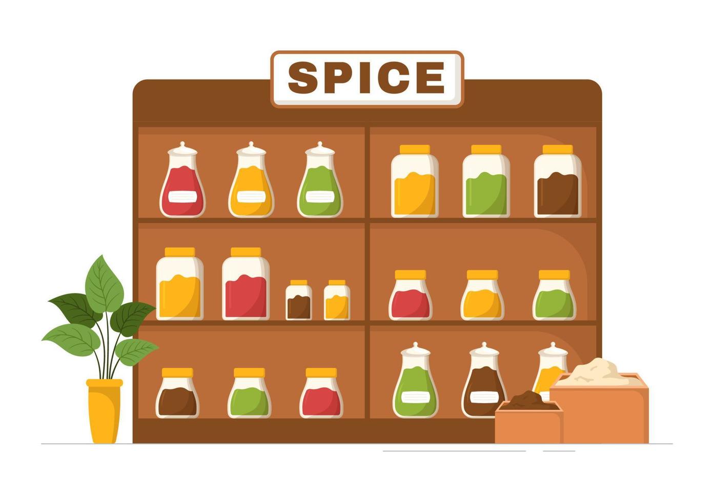 Spice Shop with Different Hot Spices, Condiment, Exotic Fresh Seasoning and Traditional Herbs in Flat Cartoon Hand Drawn Templates Illustration vector